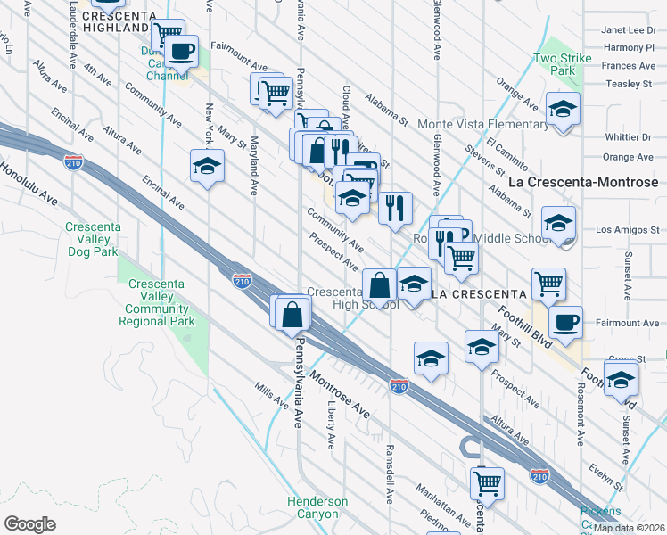 map of restaurants, bars, coffee shops, grocery stores, and more near 3102 Prospect Avenue in La Crescenta-Montrose