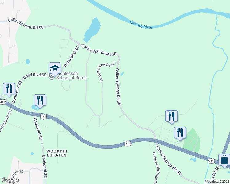 map of restaurants, bars, coffee shops, grocery stores, and more near 3038 Callier Springs Road Southeast in Rome