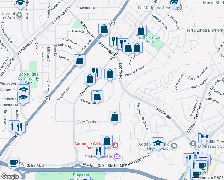 map of restaurants, bars, coffee shops, grocery stores, and more near 4045 Via Pescador in Camarillo