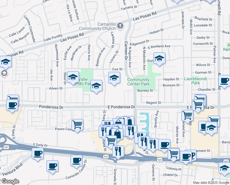 map of restaurants, bars, coffee shops, grocery stores, and more near 888 Lantana Street in Camarillo