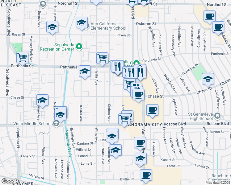 map of restaurants, bars, coffee shops, grocery stores, and more near 8525 Tobias Avenue in Los Angeles