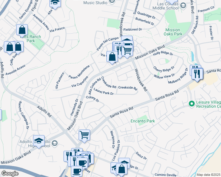 map of restaurants, bars, coffee shops, grocery stores, and more near 5112 Creekside Road in Camarillo