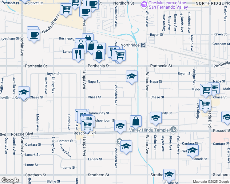 map of restaurants, bars, coffee shops, grocery stores, and more near 19100 Malden Street in Los Angeles
