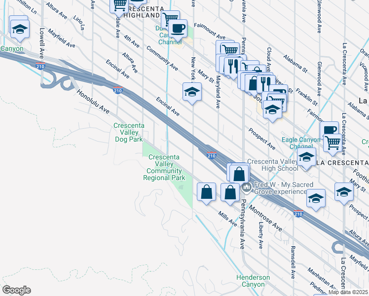 map of restaurants, bars, coffee shops, grocery stores, and more near 3425 Montrose Avenue in Glendale