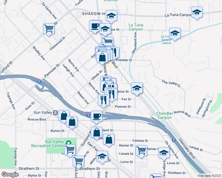 map of restaurants, bars, coffee shops, grocery stores, and more near 8500 Sunland Boulevard in Los Angeles