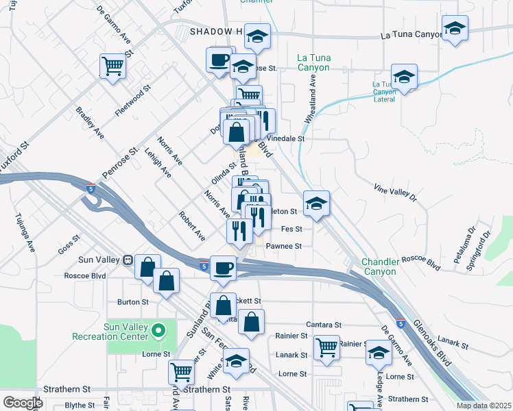 map of restaurants, bars, coffee shops, grocery stores, and more near 8517 Terhune Avenue in Los Angeles
