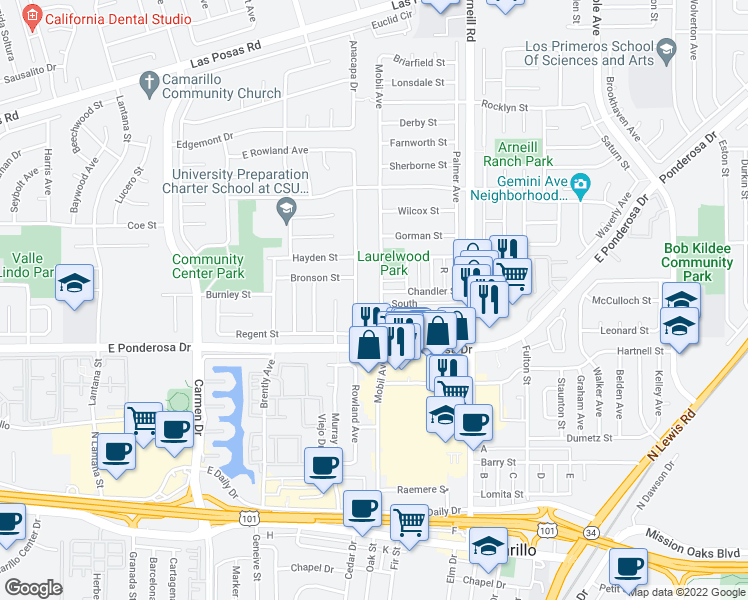 map of restaurants, bars, coffee shops, grocery stores, and more near 817 Mobil Avenue in Camarillo