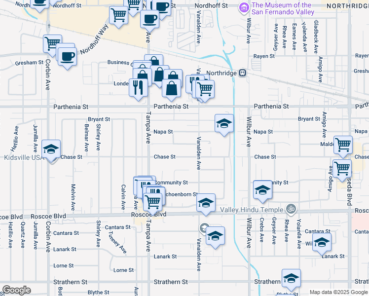 map of restaurants, bars, coffee shops, grocery stores, and more near 19136 Malden Street in Los Angeles
