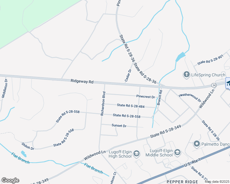 map of restaurants, bars, coffee shops, grocery stores, and more near 1296 Pinecrest Drive in Lugoff