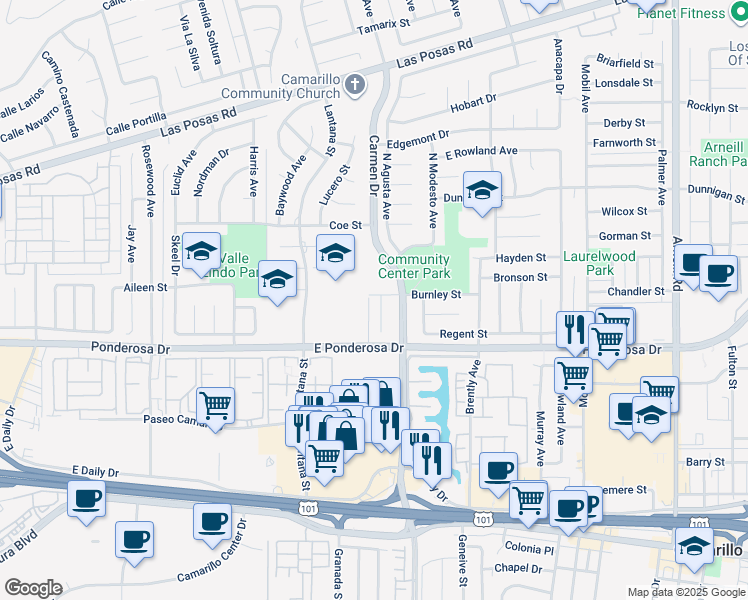 map of restaurants, bars, coffee shops, grocery stores, and more near 883 Mardigras Court in Camarillo