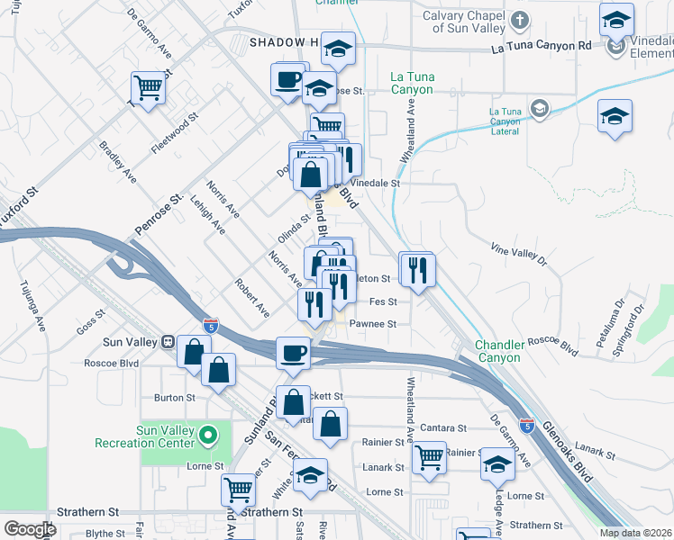 map of restaurants, bars, coffee shops, grocery stores, and more near 8517 Terhune Avenue in Los Angeles