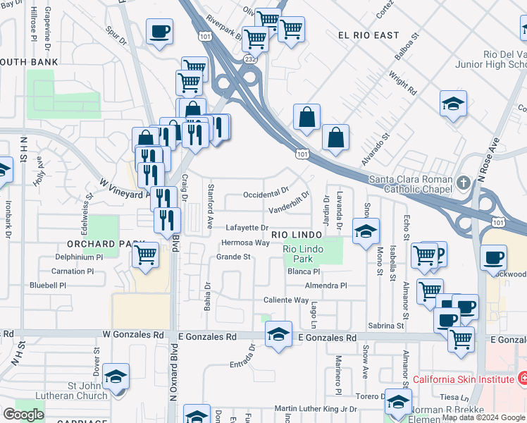 map of restaurants, bars, coffee shops, grocery stores, and more near Villanova Avenue in Oxnard