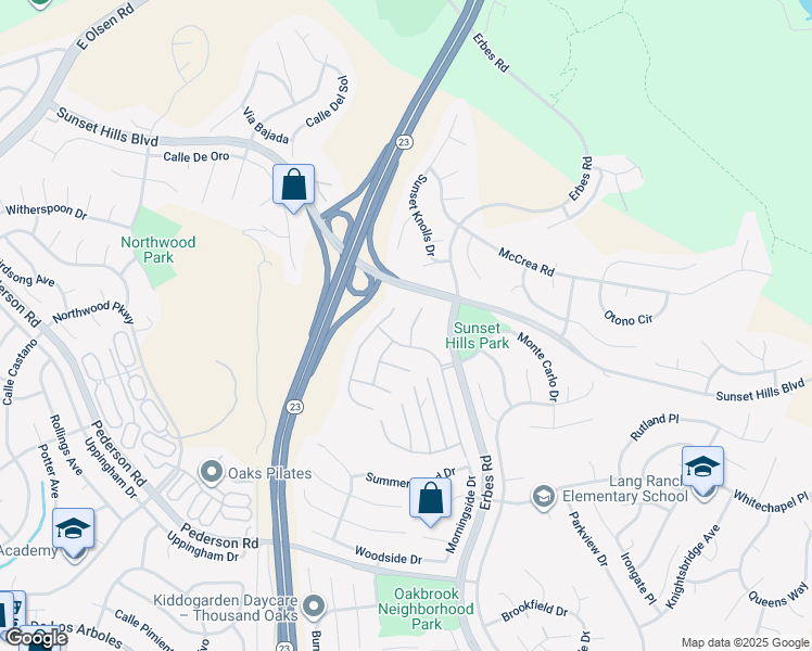 map of restaurants, bars, coffee shops, grocery stores, and more near 3411 Fayance Place in Thousand Oaks