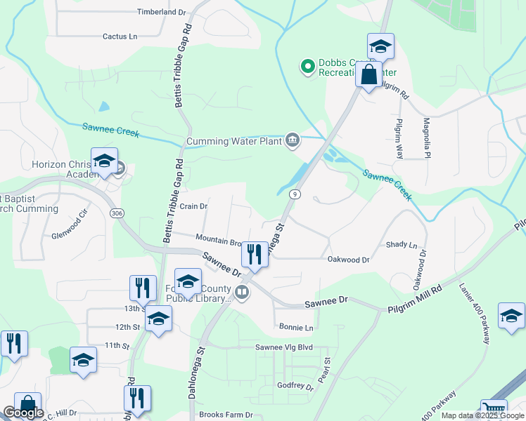 map of restaurants, bars, coffee shops, grocery stores, and more near 109 Laurel Lane in Cumming