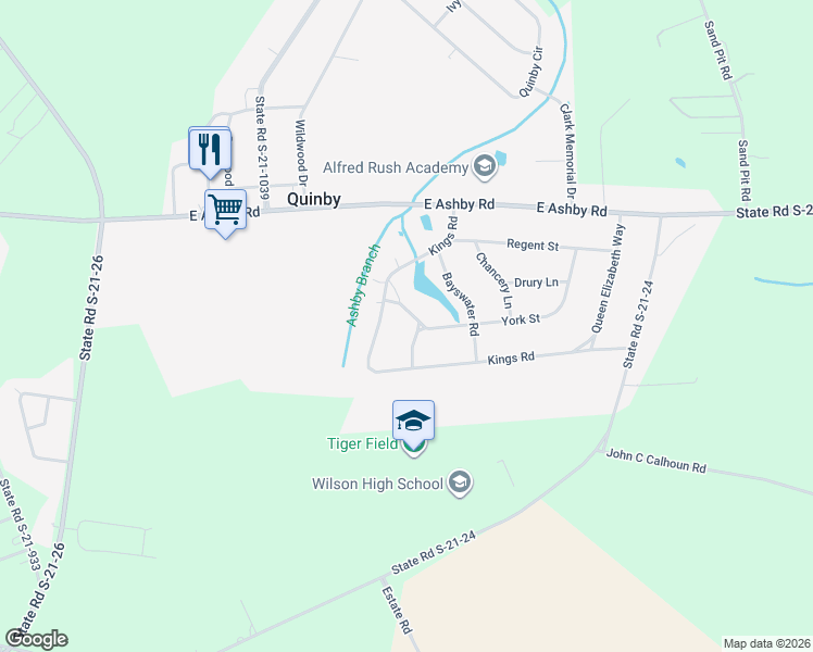 map of restaurants, bars, coffee shops, grocery stores, and more near 14 Kings Road in Quinby