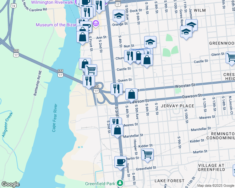 map of restaurants, bars, coffee shops, grocery stores, and more near in Wilmington