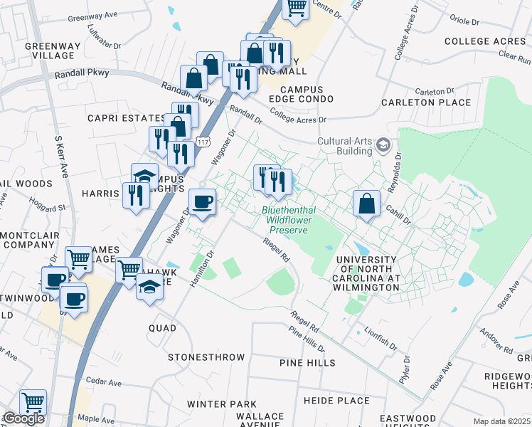 map of restaurants, bars, coffee shops, grocery stores, and more near 601 College Road in Wilmington