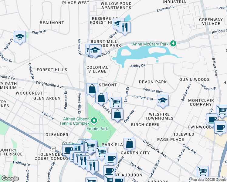 map of restaurants, bars, coffee shops, grocery stores, and more near 3300 Wilshire Boulevard in Wilmington
