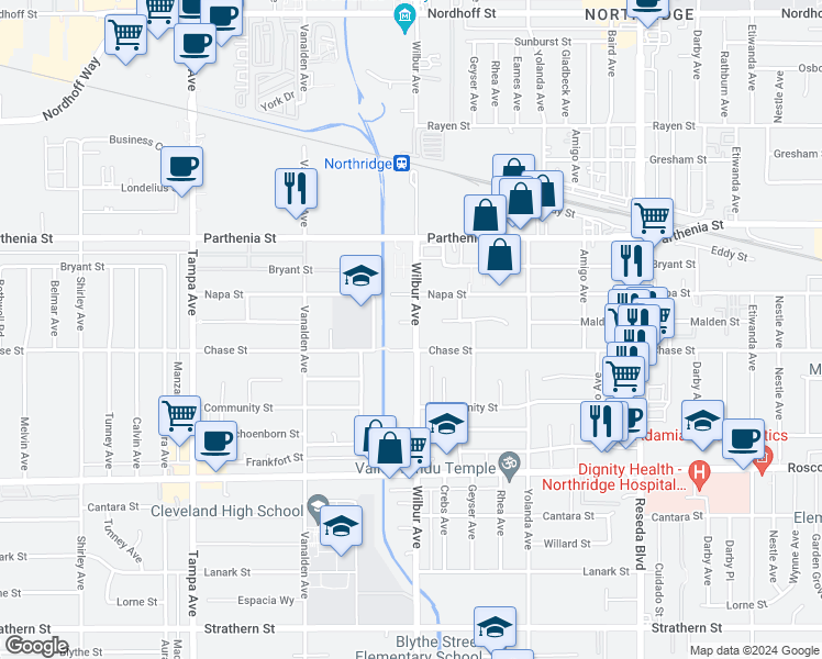 map of restaurants, bars, coffee shops, grocery stores, and more near 18900 Malden Street in Los Angeles