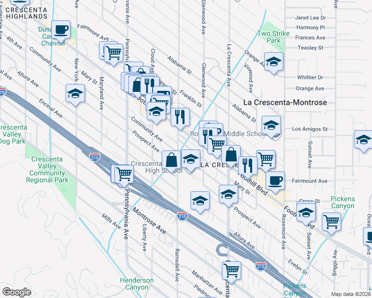 map of restaurants, bars, coffee shops, grocery stores, and more near 2937 Mary Street in La Crescenta-Montrose