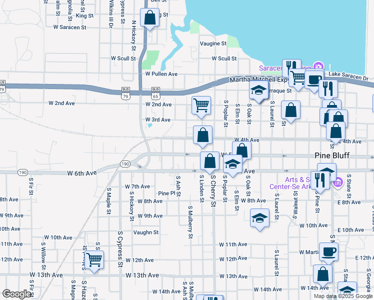 map of restaurants, bars, coffee shops, grocery stores, and more near 1227 West 5th Avenue in Pine Bluff