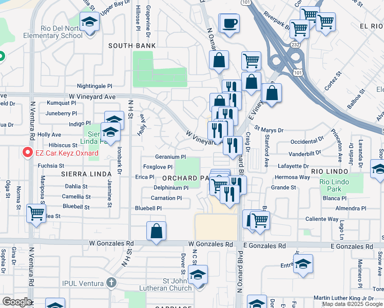 map of restaurants, bars, coffee shops, grocery stores, and more near 431 Geranium Place in Oxnard