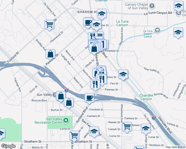 map of restaurants, bars, coffee shops, grocery stores, and more near 10825 Nettleton Street in Los Angeles