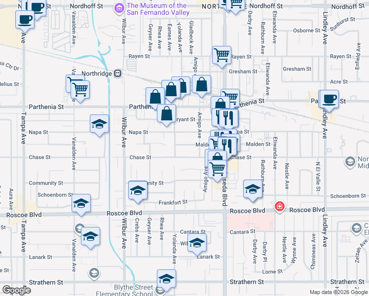 map of restaurants, bars, coffee shops, grocery stores, and more near 18638 Malden Street in Los Angeles
