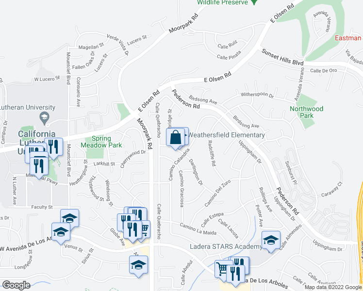 map of restaurants, bars, coffee shops, grocery stores, and more near 3151 Darlington Drive in Thousand Oaks