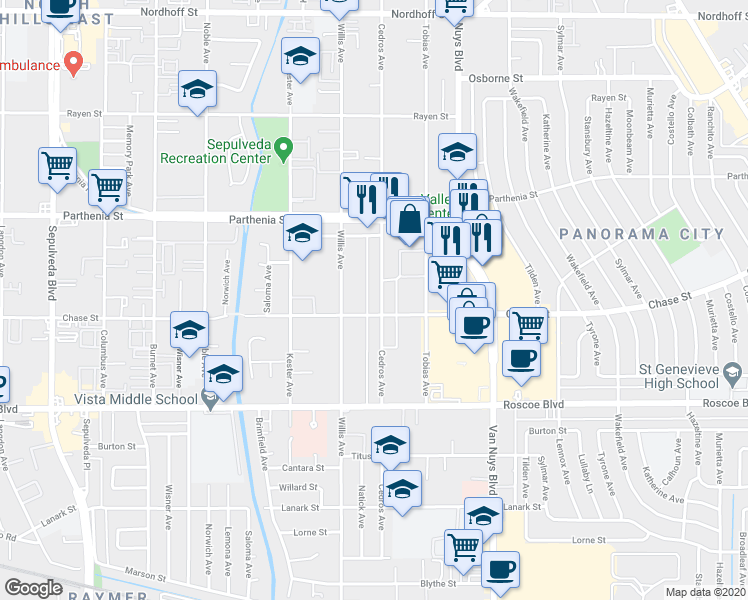 map of restaurants, bars, coffee shops, grocery stores, and more near 8528 Cedros Avenue in Los Angeles