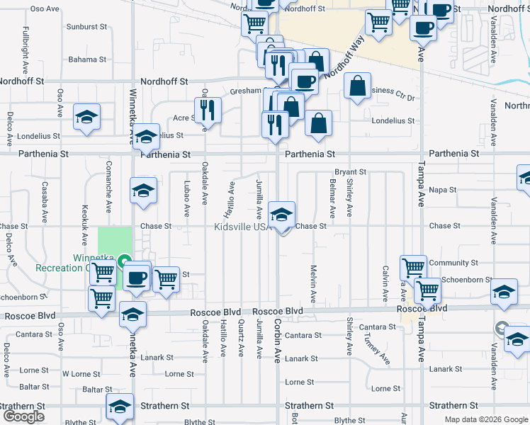 map of restaurants, bars, coffee shops, grocery stores, and more near 8528 Jumilla Avenue in Los Angeles
