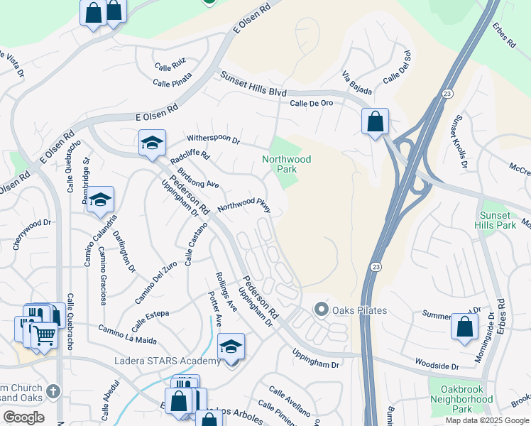 map of restaurants, bars, coffee shops, grocery stores, and more near 1453 Mabrey Court in Thousand Oaks