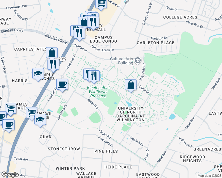 map of restaurants, bars, coffee shops, grocery stores, and more near in Wilmington