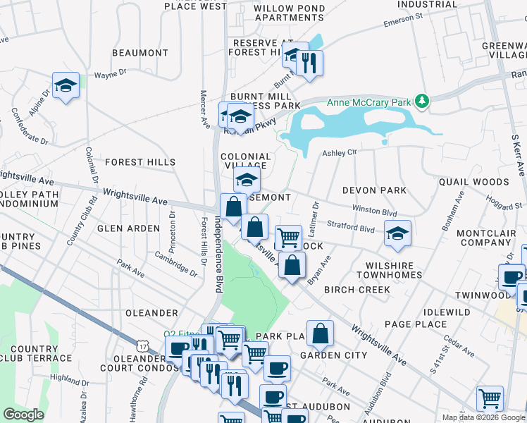 map of restaurants, bars, coffee shops, grocery stores, and more near 806 Rosemont Avenue in Wilmington