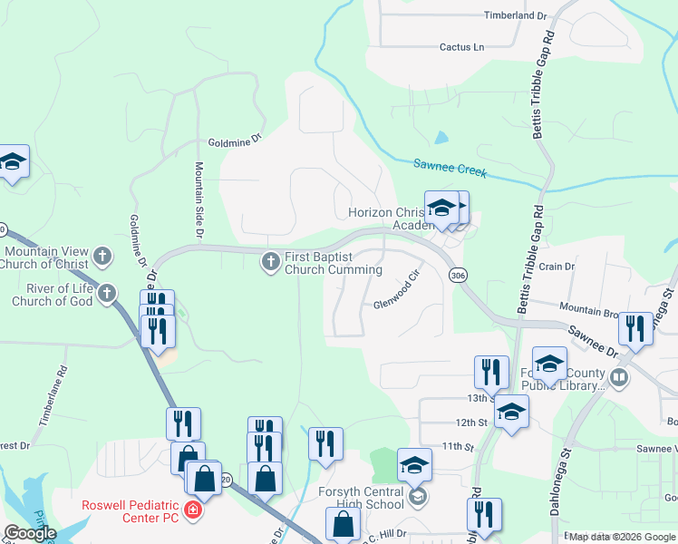 map of restaurants, bars, coffee shops, grocery stores, and more near 1615 Madison Court in Cumming