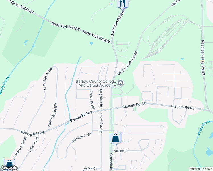 map of restaurants, bars, coffee shops, grocery stores, and more near 737 Grassdale Road Northwest in Cartersville