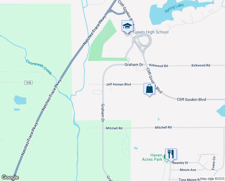 map of restaurants, bars, coffee shops, grocery stores, and more near 3077-3999 Jeff Homan Street in Tupelo