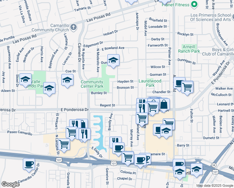 map of restaurants, bars, coffee shops, grocery stores, and more near 843 Duvall Avenue in Camarillo