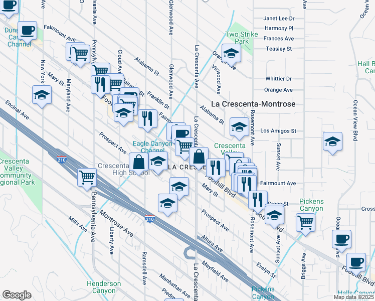 map of restaurants, bars, coffee shops, grocery stores, and more near 2817 Sanborn Avenue in La Crescenta-Montrose