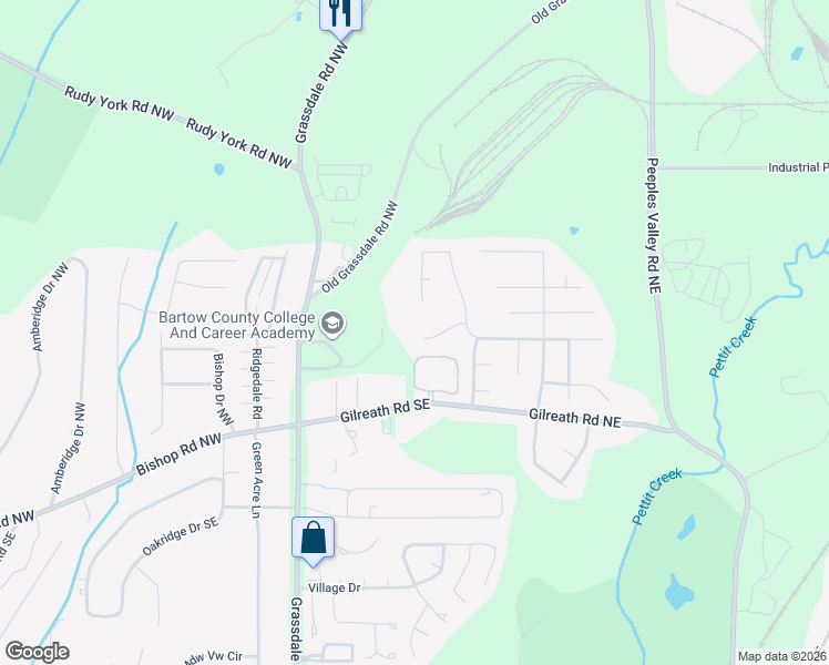 map of restaurants, bars, coffee shops, grocery stores, and more near 24 Winterset Drive Northwest in Cartersville