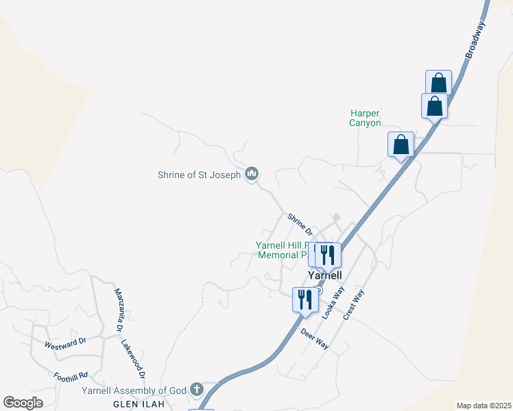 map of restaurants, bars, coffee shops, grocery stores, and more near 16879 Shrine Drive in Yarnell