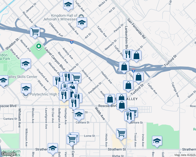 map of restaurants, bars, coffee shops, grocery stores, and more near 11922 Rialto Street in Los Angeles