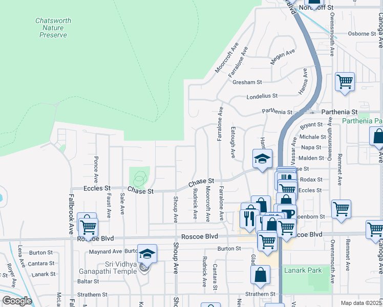 map of restaurants, bars, coffee shops, grocery stores, and more near 22314 Michale Street in Los Angeles