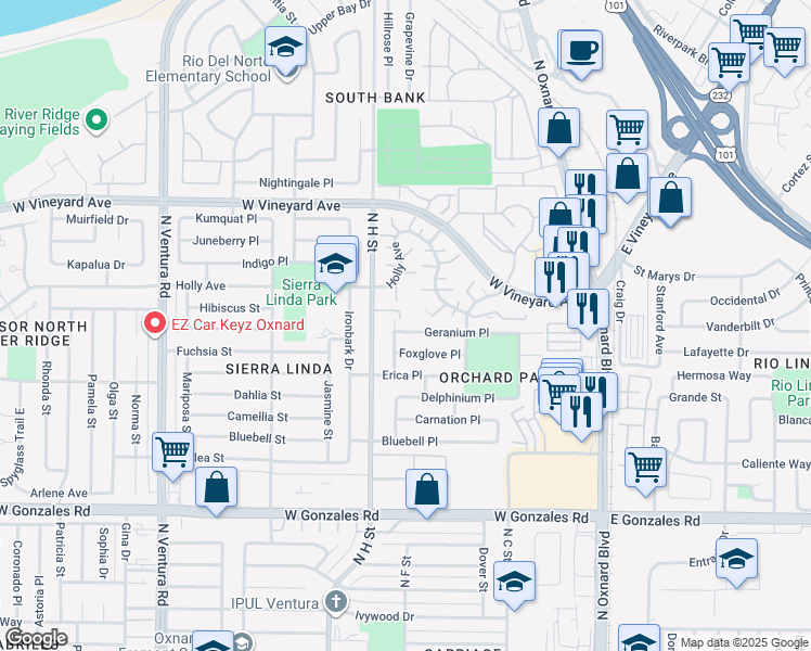 map of restaurants, bars, coffee shops, grocery stores, and more near 659 Geranium Place in Oxnard
