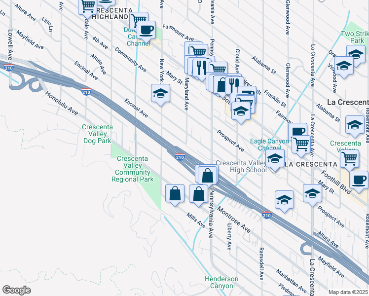 map of restaurants, bars, coffee shops, grocery stores, and more near 3300 Encinal Avenue in Glendale