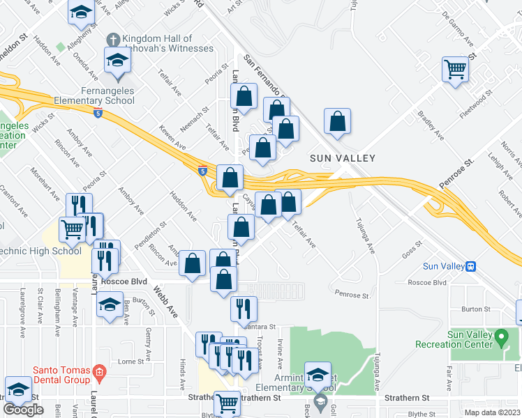 map of restaurants, bars, coffee shops, grocery stores, and more near 8542 Cayuga Avenue in Los Angeles