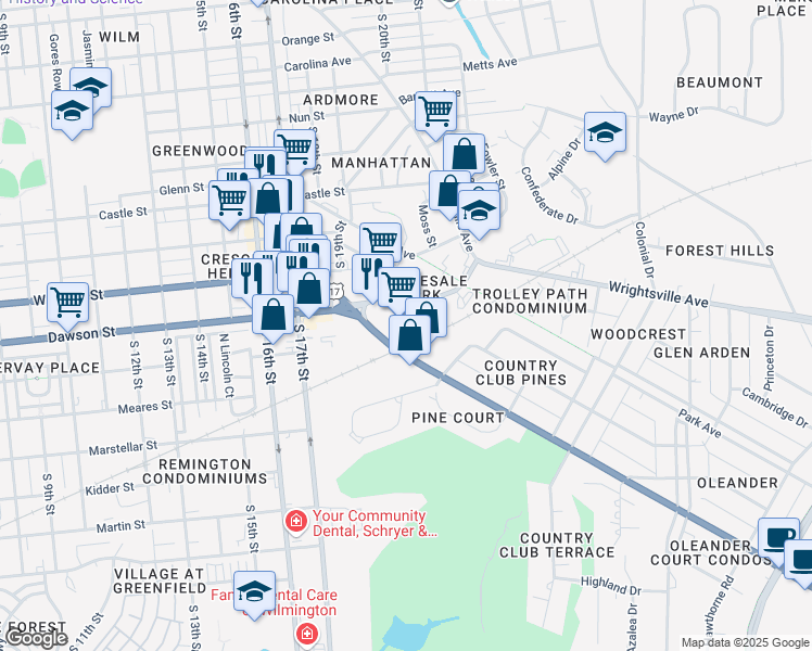 map of restaurants, bars, coffee shops, grocery stores, and more near 1929 Oleander Drive in Wilmington
