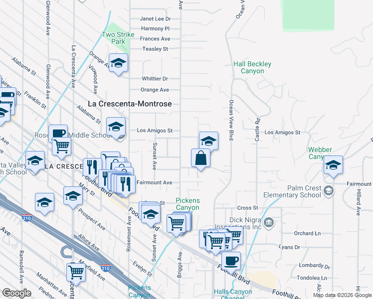 map of restaurants, bars, coffee shops, grocery stores, and more near 4812 Briggs Avenue in La Crescenta-Montrose