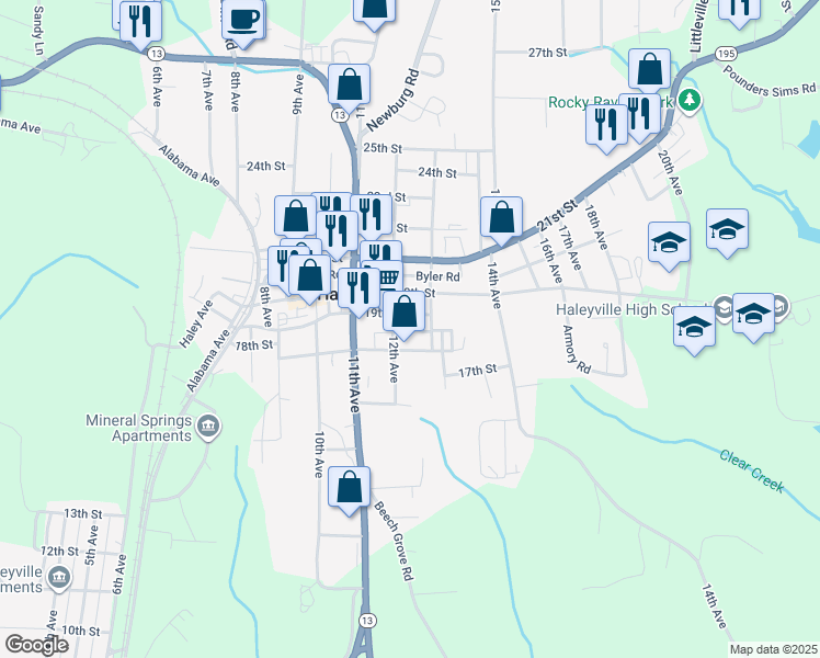 map of restaurants, bars, coffee shops, grocery stores, and more near 1209 18th Street in Haleyville