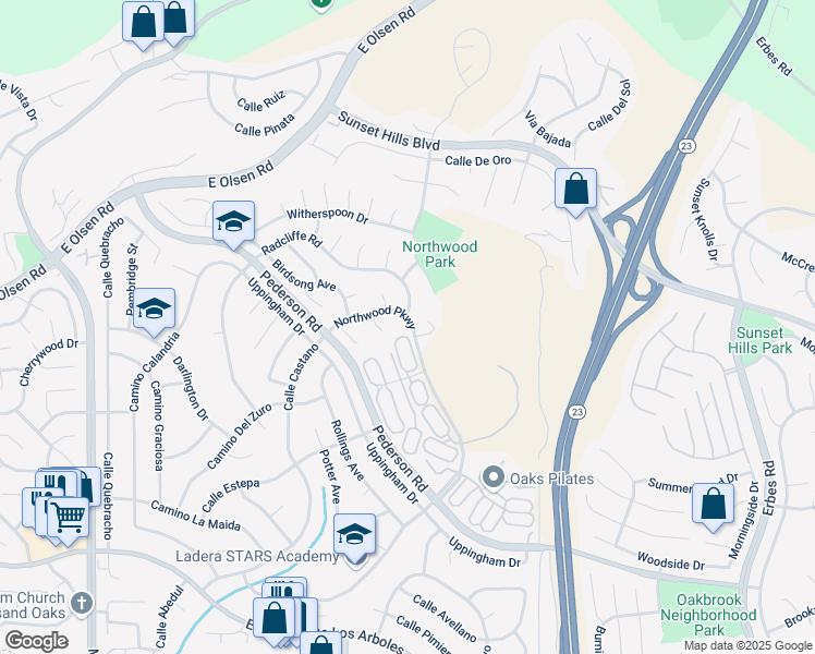map of restaurants, bars, coffee shops, grocery stores, and more near 1453 Mabrey Court in Thousand Oaks